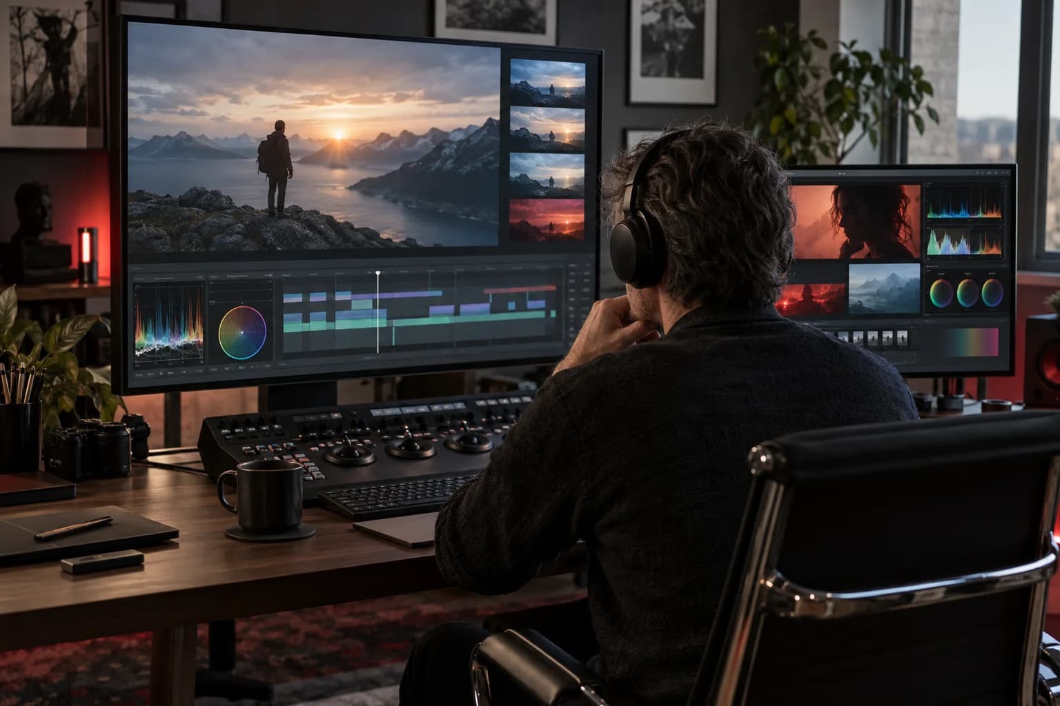 Professional video editor reviewing cinematic footage in a post-production studio