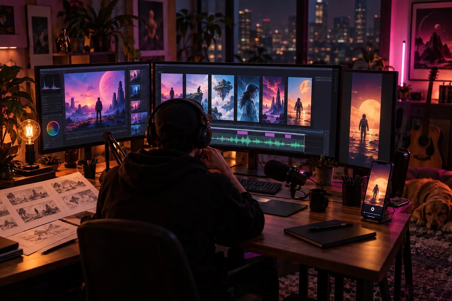 Creator directing a faceless video across a cinematic multi-screen studio