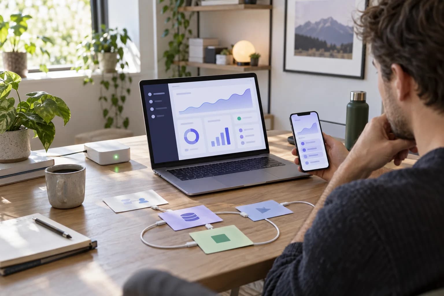 Founder reviewing a newly launched SaaS product on a laptop and phone